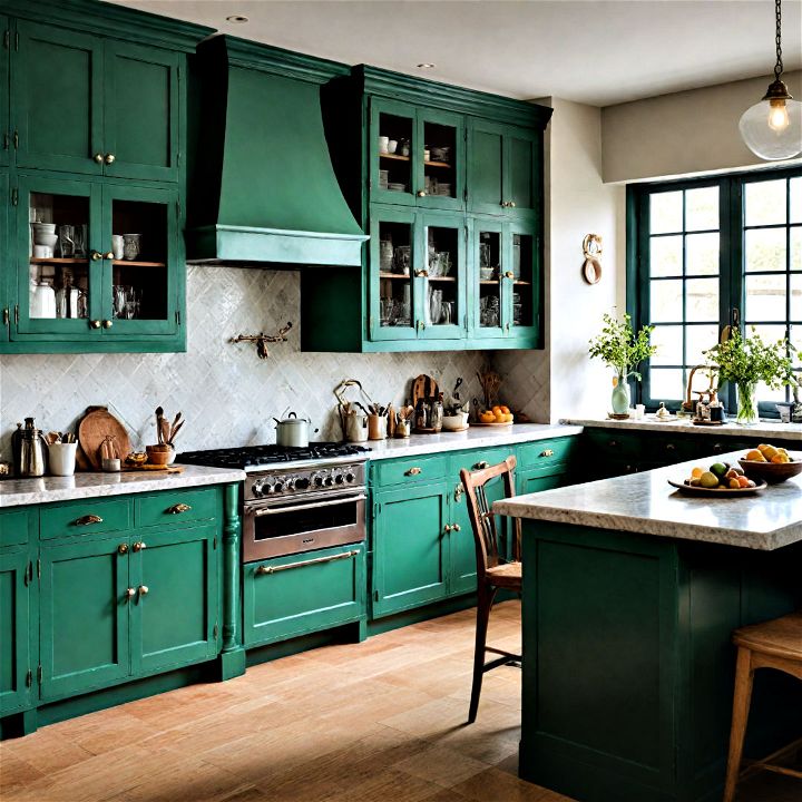 classic look with a twis jade green traditional cabinets