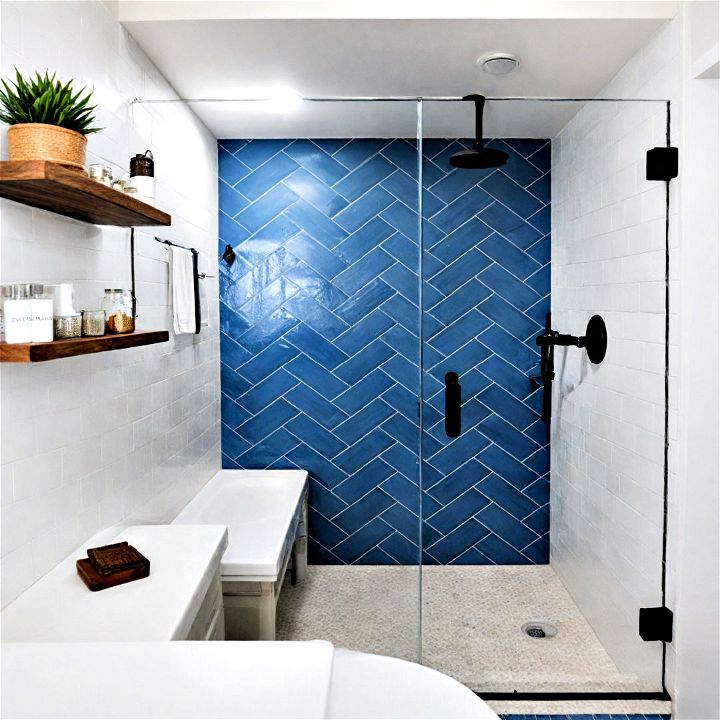 classic walk in shower with a herringbone tile pattern