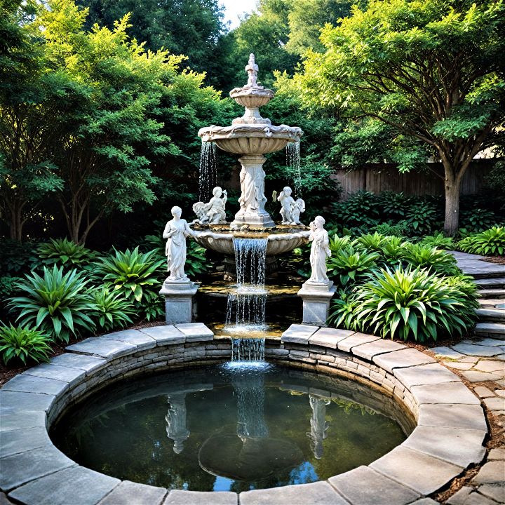 classical formal garden pond with a statuary waterfall