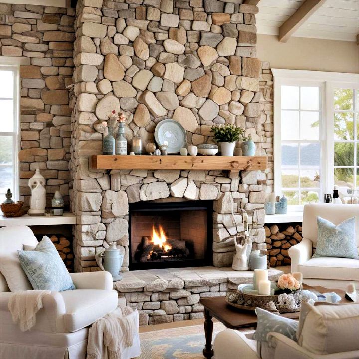 coastal cottage stone fireplace