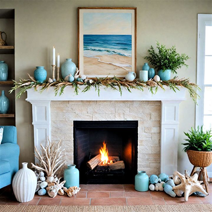 coastal themed fireplace decor to create a breezy light feel