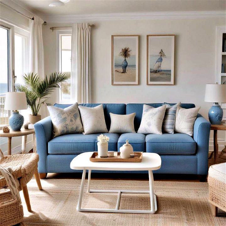 coastal vibes blue couch living room