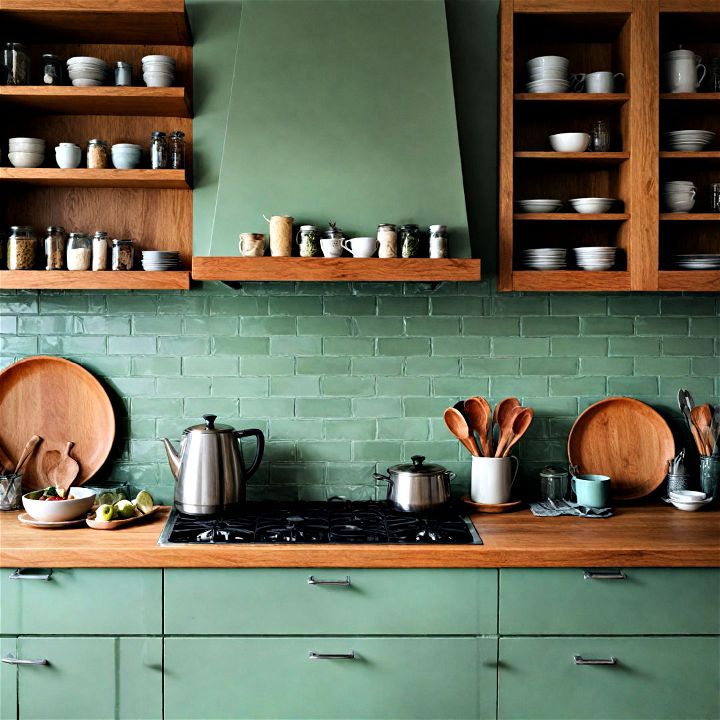 combine sage green with warm wood tones for a harmonious kitchen space