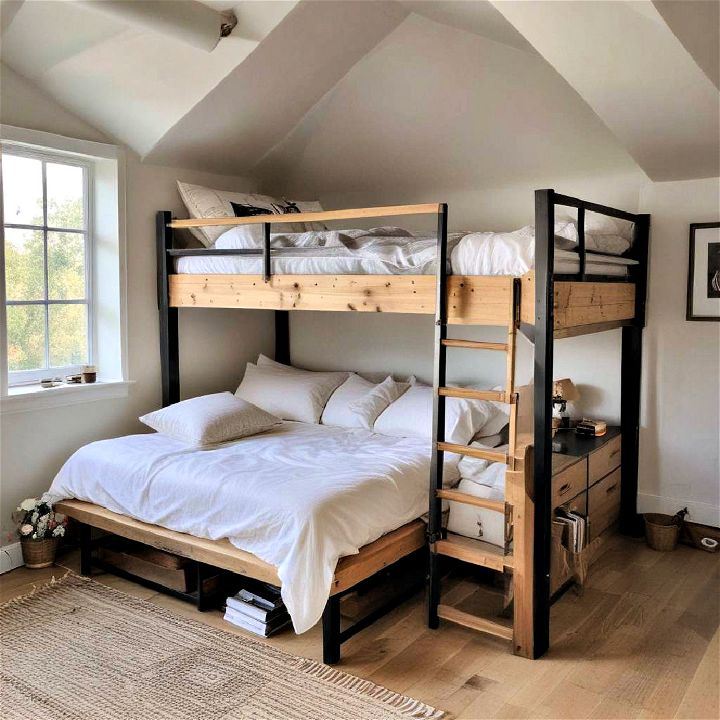 comfortable guest bed beneath a loft