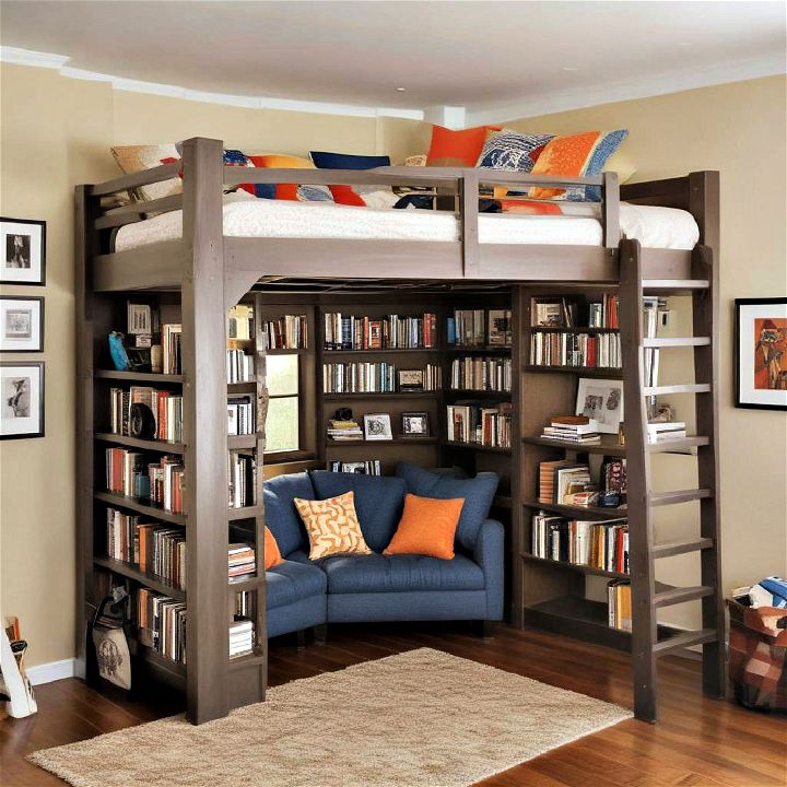 comfortable loft bed with a library