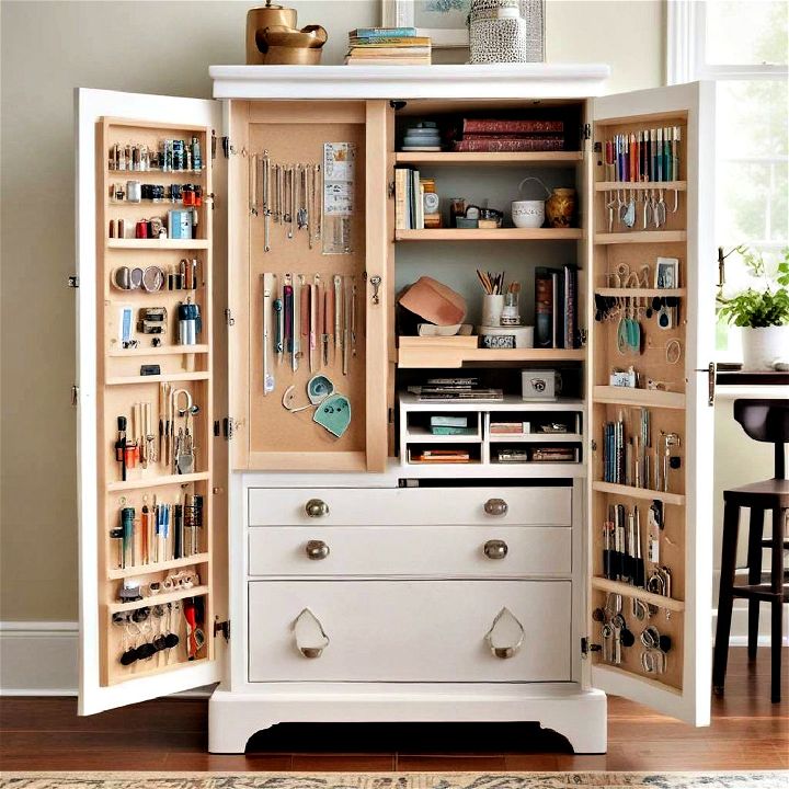 compact armoire storage for a small craft room