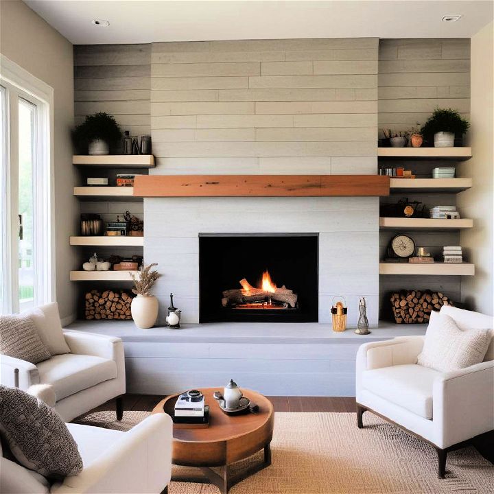 concrete and shiplap fireplace with rustic elements