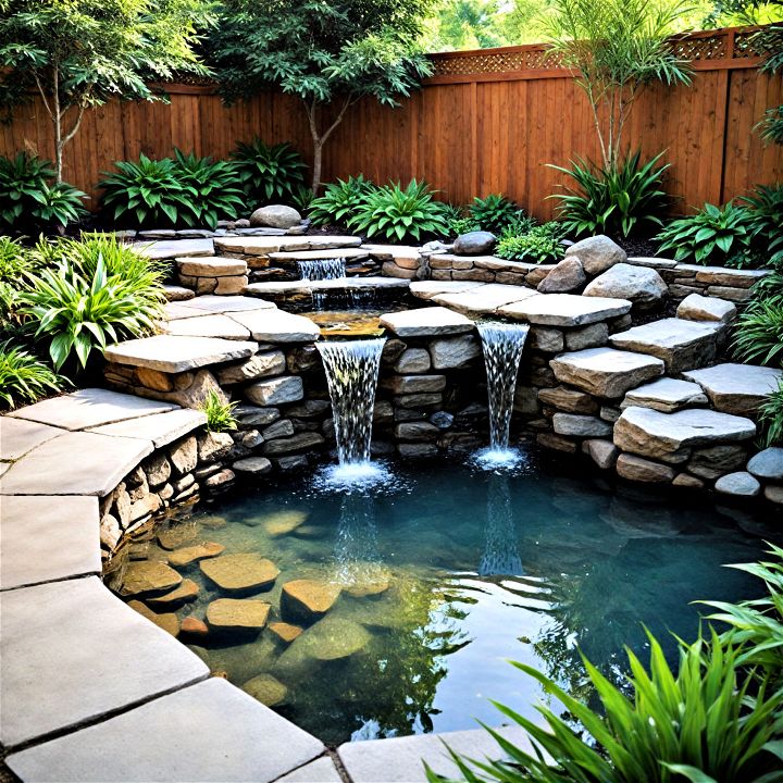 contemporary corner pond with a mesmerizing spillover waterfall