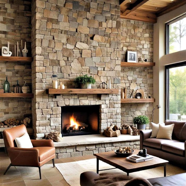 contemporary rustic stone fireplace