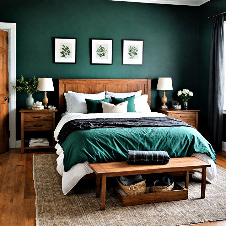 contemporary stylish farmhouse bedroom in dark green