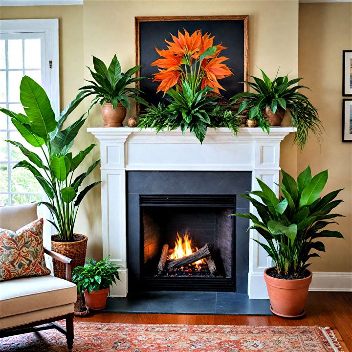 cool exotic plant arrangements for tropical fireplace decor