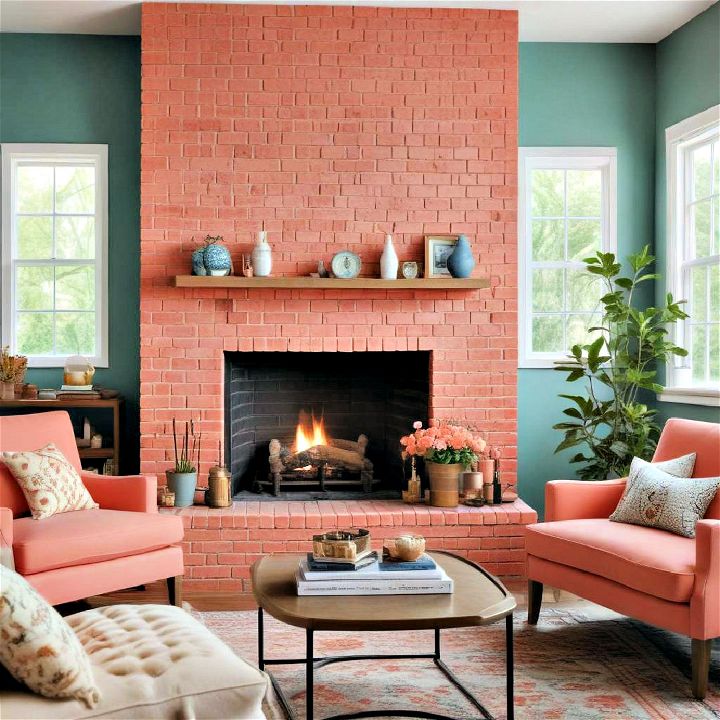 coral painted brick fireplace