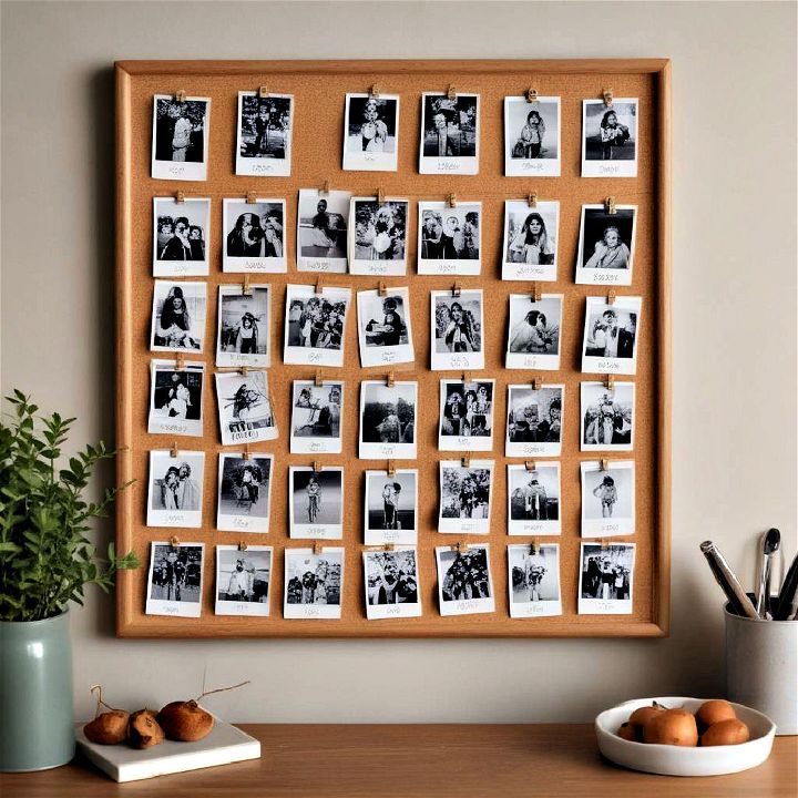 corkboard filled with polaroid photos