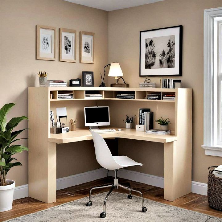 corner desk unit neatly fits into the nook of a room
