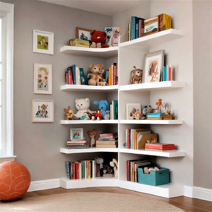 corner shelves playroom storage idea