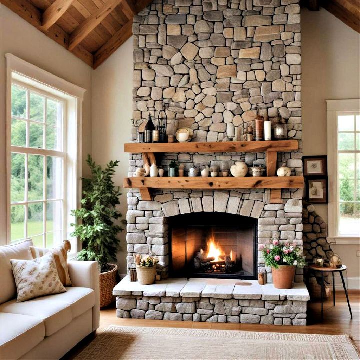 cottagecore stone fireplace