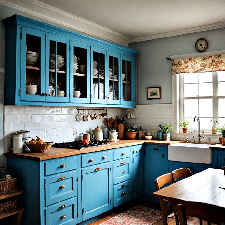 country cottage calming blue kitchen cabinet