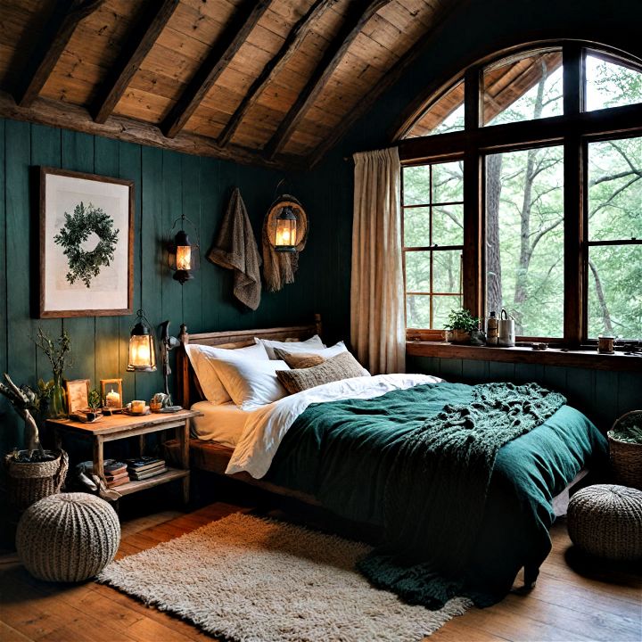 cozy cabin like dark green bedroom for a tranquil forest retreat