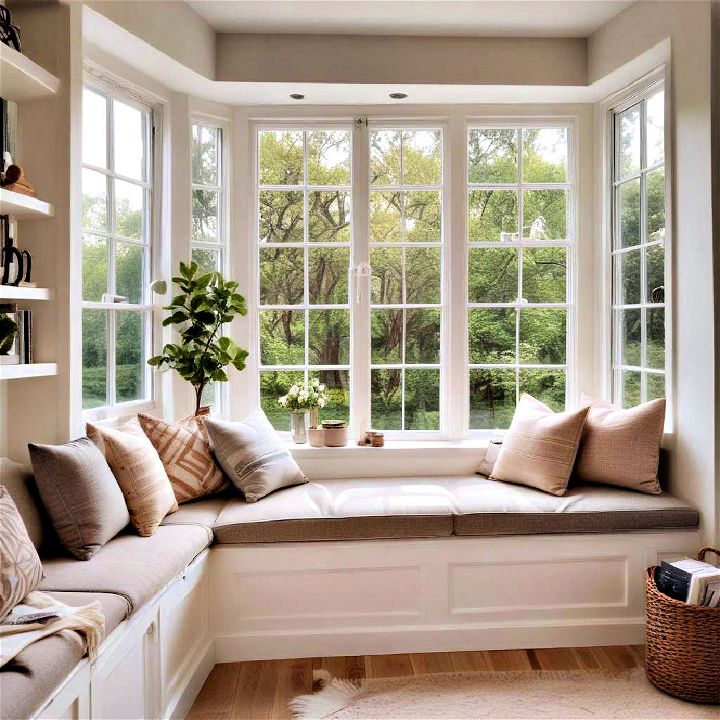 cozy corner window seat with cushions and storage below