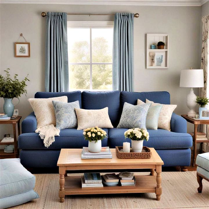cozy cottage blue couch living room