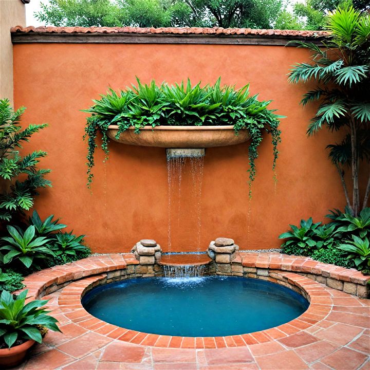 cozy mediterranean courtyard pond with a wall waterfall