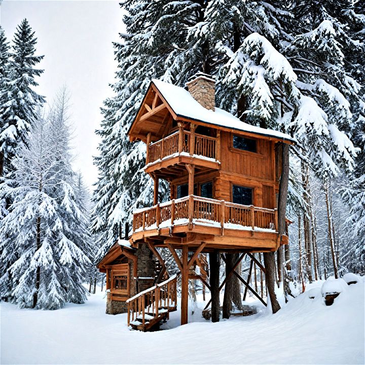 cozy feel of a mountain getaway with an alpine ski lodge treehouse
