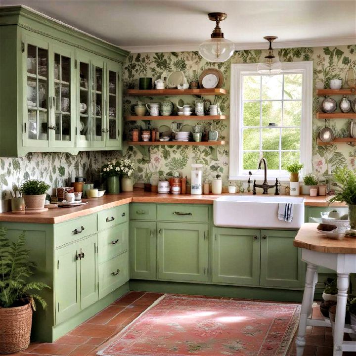 cozy fern green cottage style cabinets
