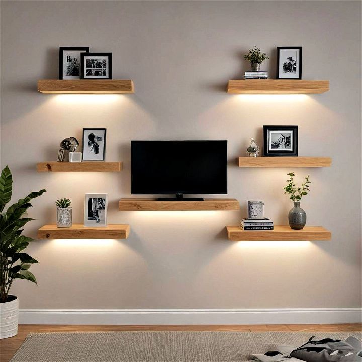 cozy floating shelves with built in lighting