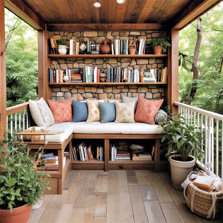 cozy outdoor library under deck