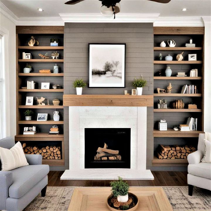 cozy shiplap fireplace with built ins