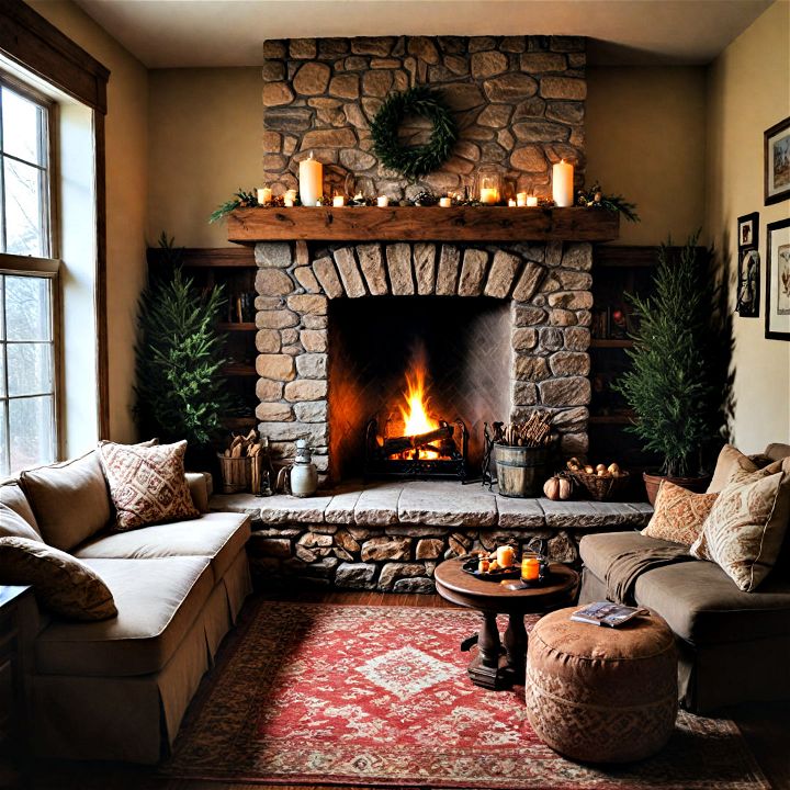 craft a cozy nook near the fireplace for relaxation