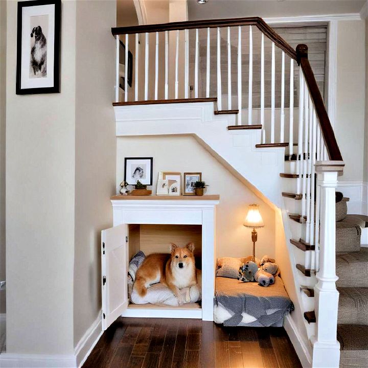 create a cozy pet house under stairs