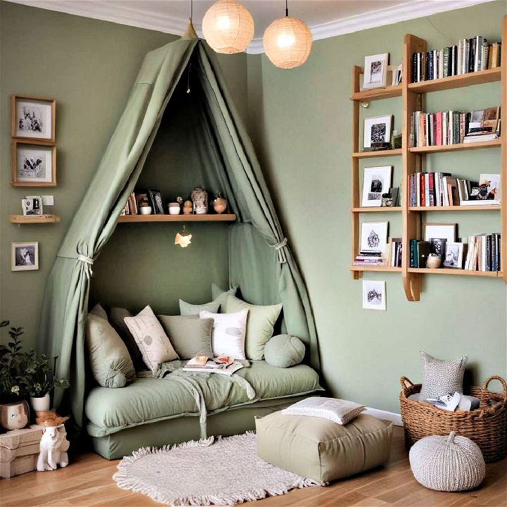 create a cozy sage green book nook