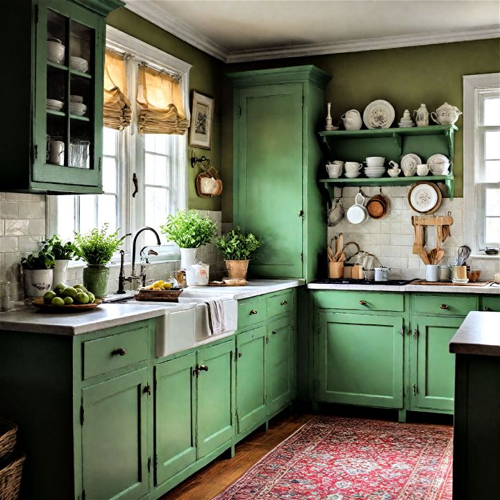 creating a cozy pea green cottage cabinets