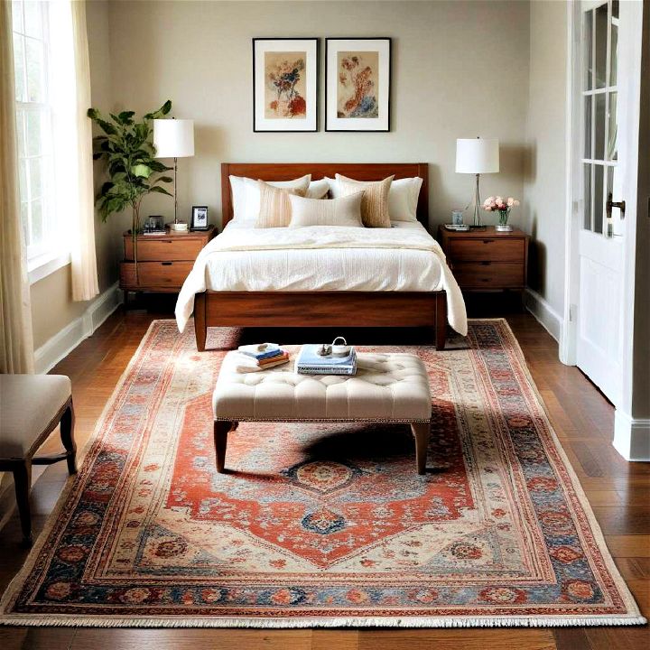 creative rug placement small bedroom