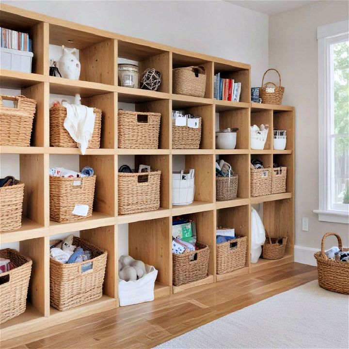 cubbies with baskets for playroom storage