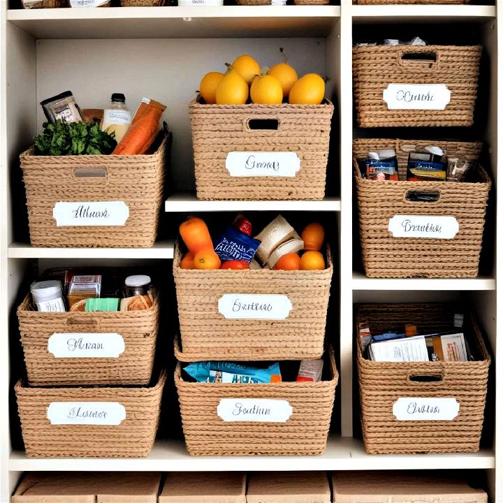 decorative bins with labels for pantry