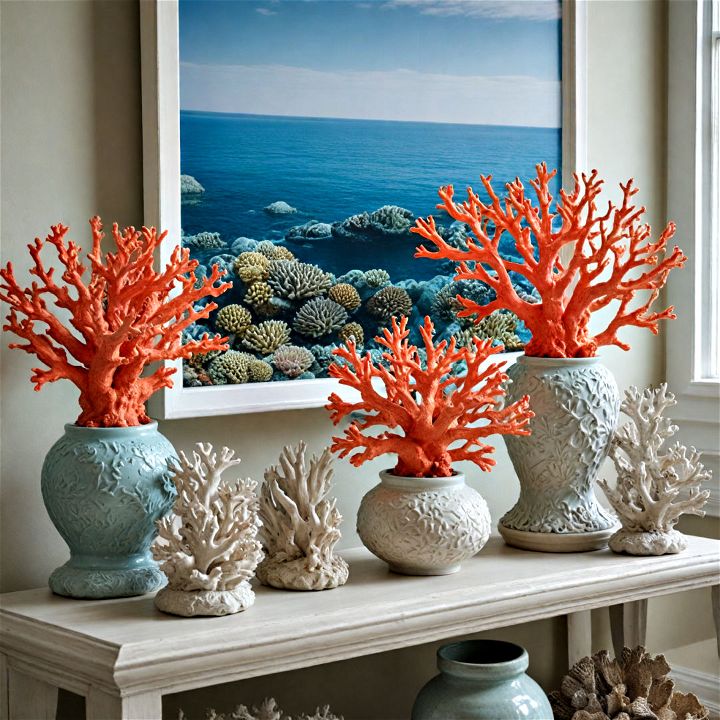 decorative coral sculptures or artworks featuring sea life