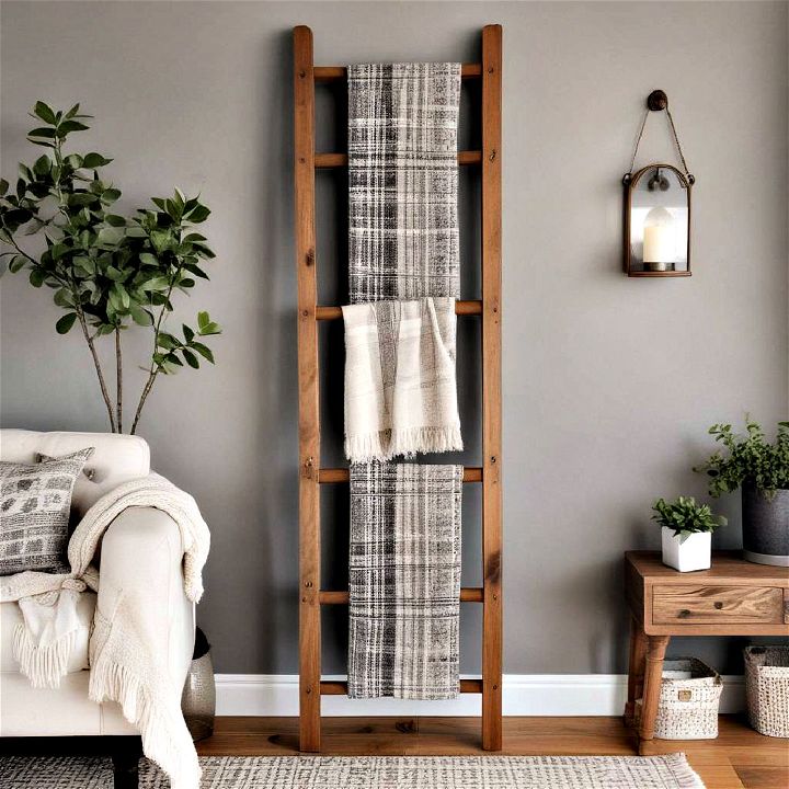 decorative farmhouse ladder for organizing blankets and throws