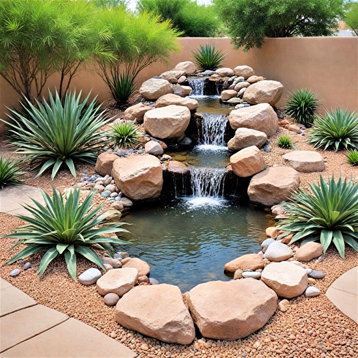 desert inspired soothing pond with rock waterfall