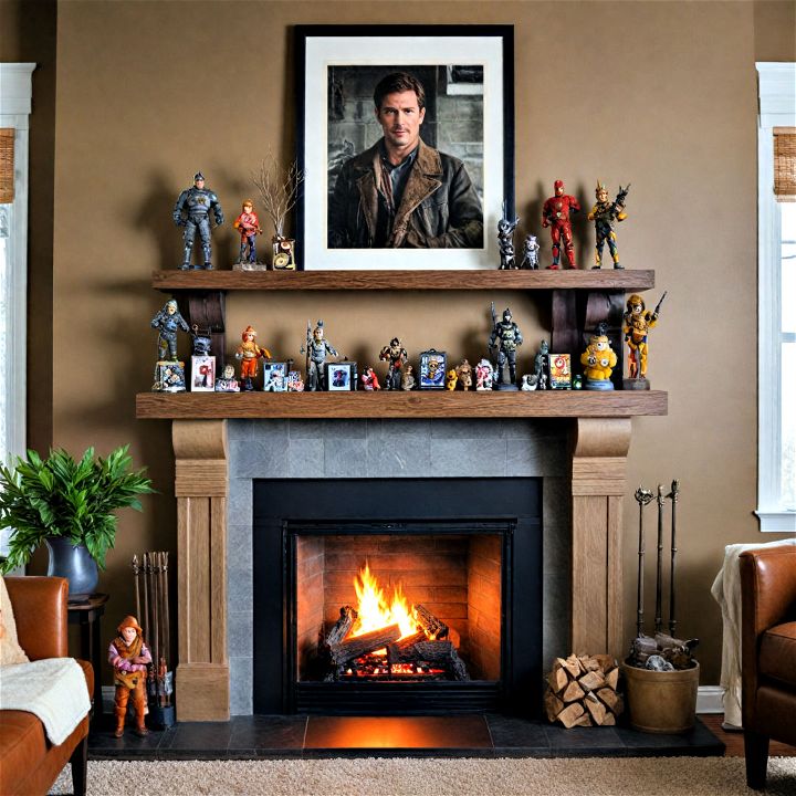 display pop culture collectibles for fun fireplace decor