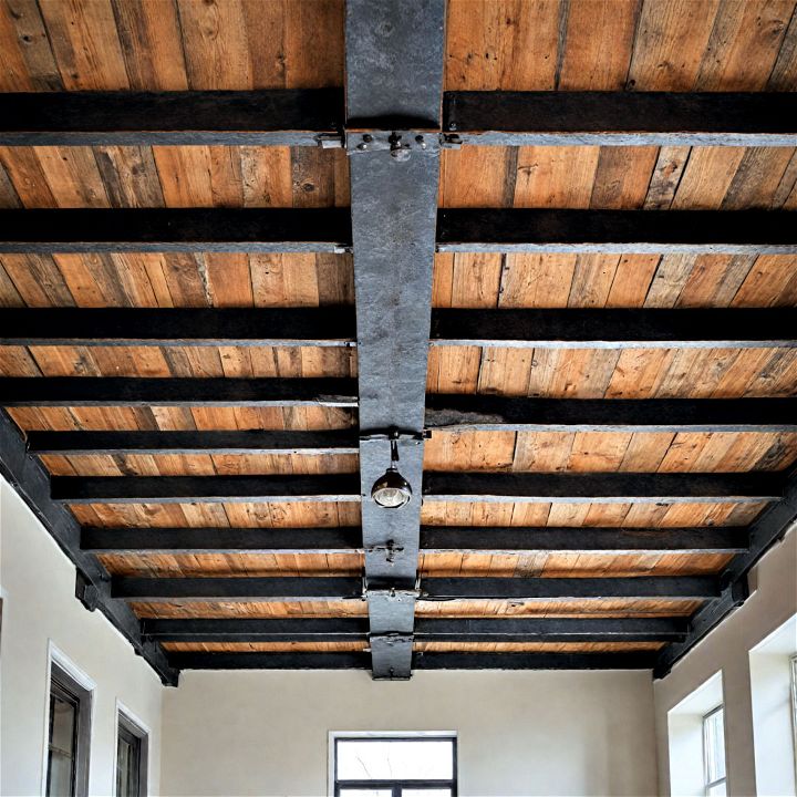 distressed metal ceiling beams for a lived in feel
