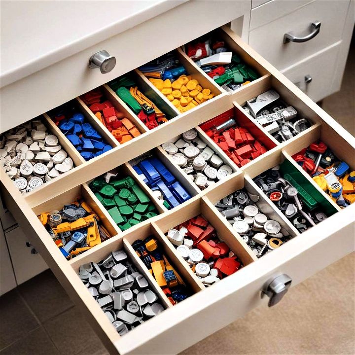 drawer organizers to sort lego bricks into neat compartments