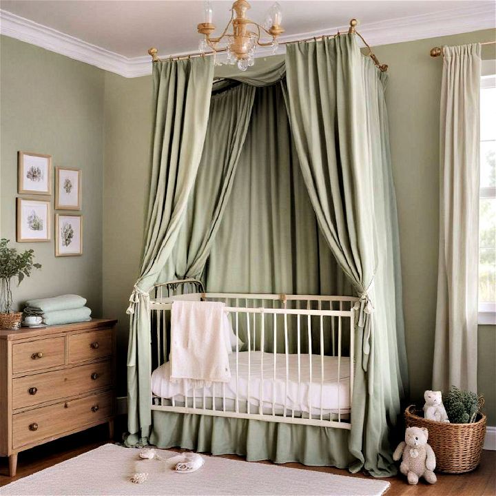 dreamy sage canopies and drapes for a baby’s room