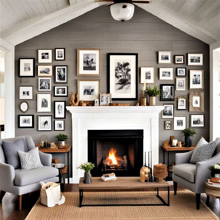 dynamic shiplap fireplace as a gallery wall
