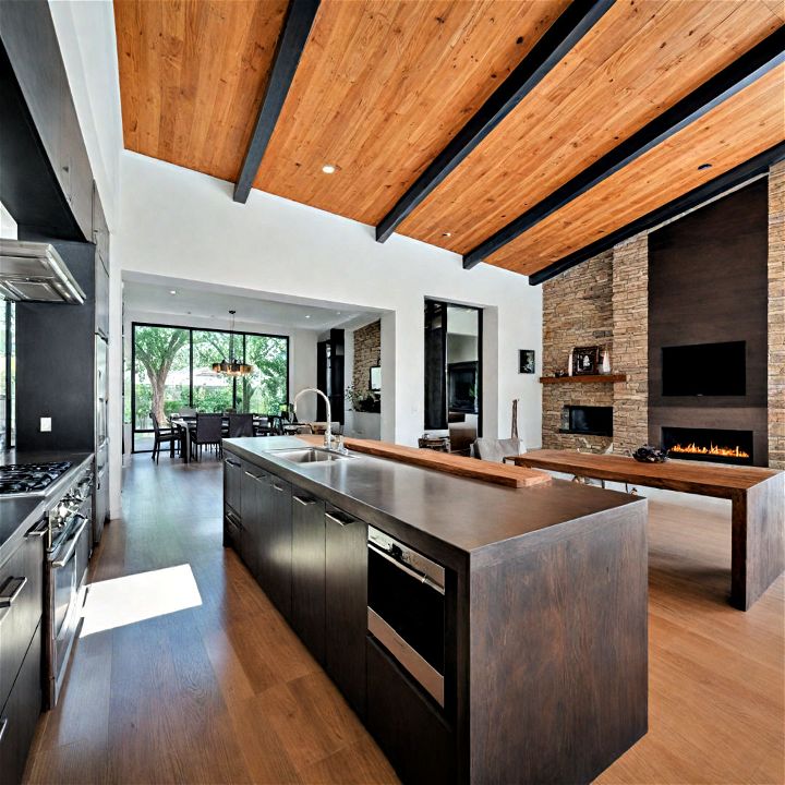 dynamic wood and metal ceiling beam
