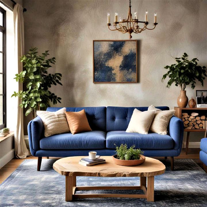 earthy elegance blue couch living room