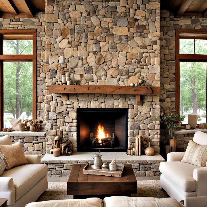 earthy retreat stone fireplace