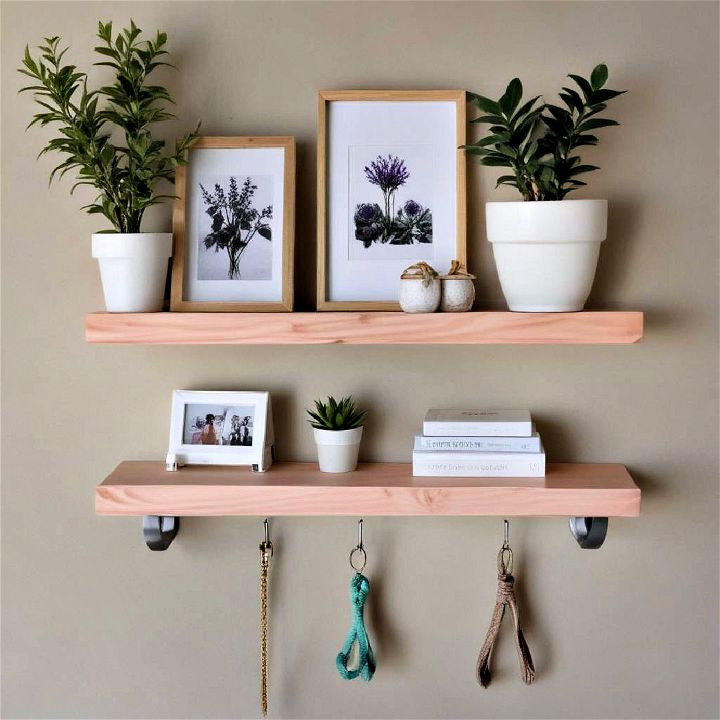 floating shelves with hooks for easy access 