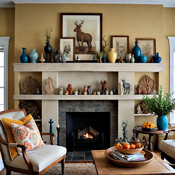 eclectic collection display for interesting fireplace decor